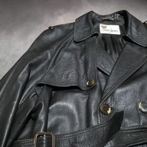 Vintage 70's Leather Trench Coat Lakeland Double Breasted Belted Size 46 Mafia